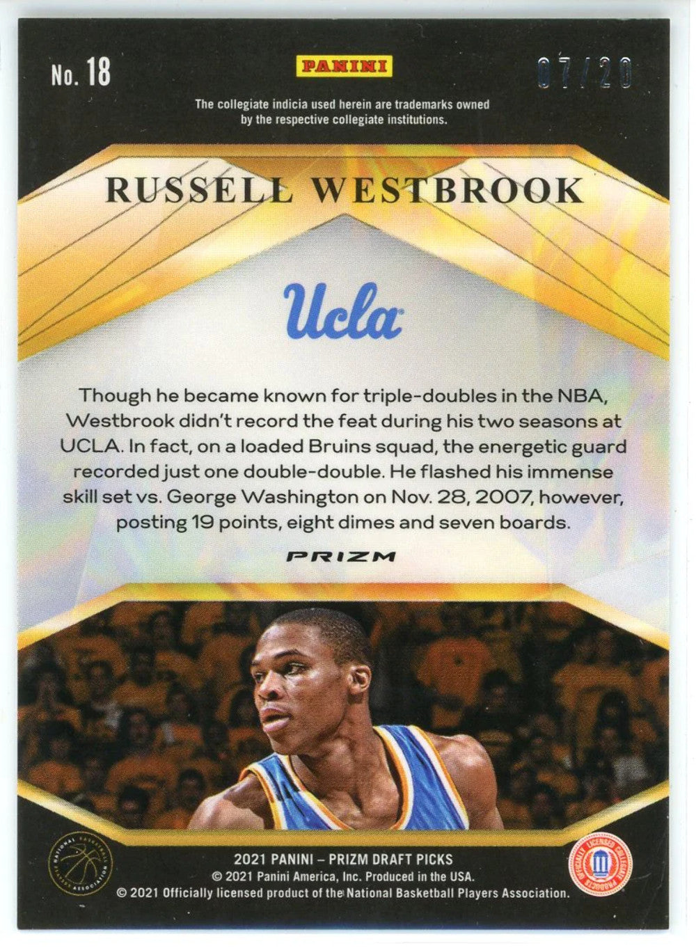 #18 Russell Westbrook 2021 Panini Prizm Draft Picks Brilliance Prizm Card