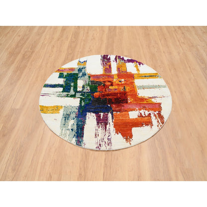 5'X5' Colorful Modern Design Wool And Silk Hand Knotted Round Rug