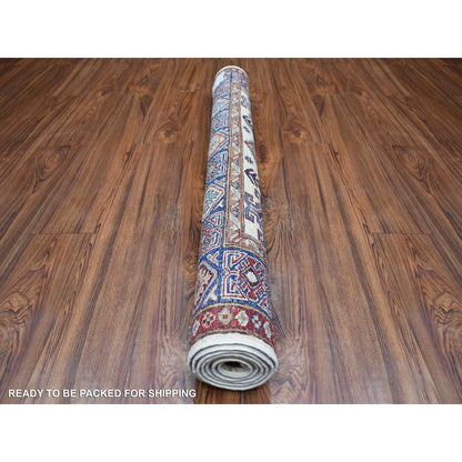 4'1"X5'8" Ivory Pure Wool Hand Knotted Caucasian Super Kazak Rug