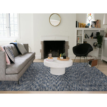 9'2"X12' Steel Blue Modern Fence Design Wool And Art Silk Hand Loomed Rug