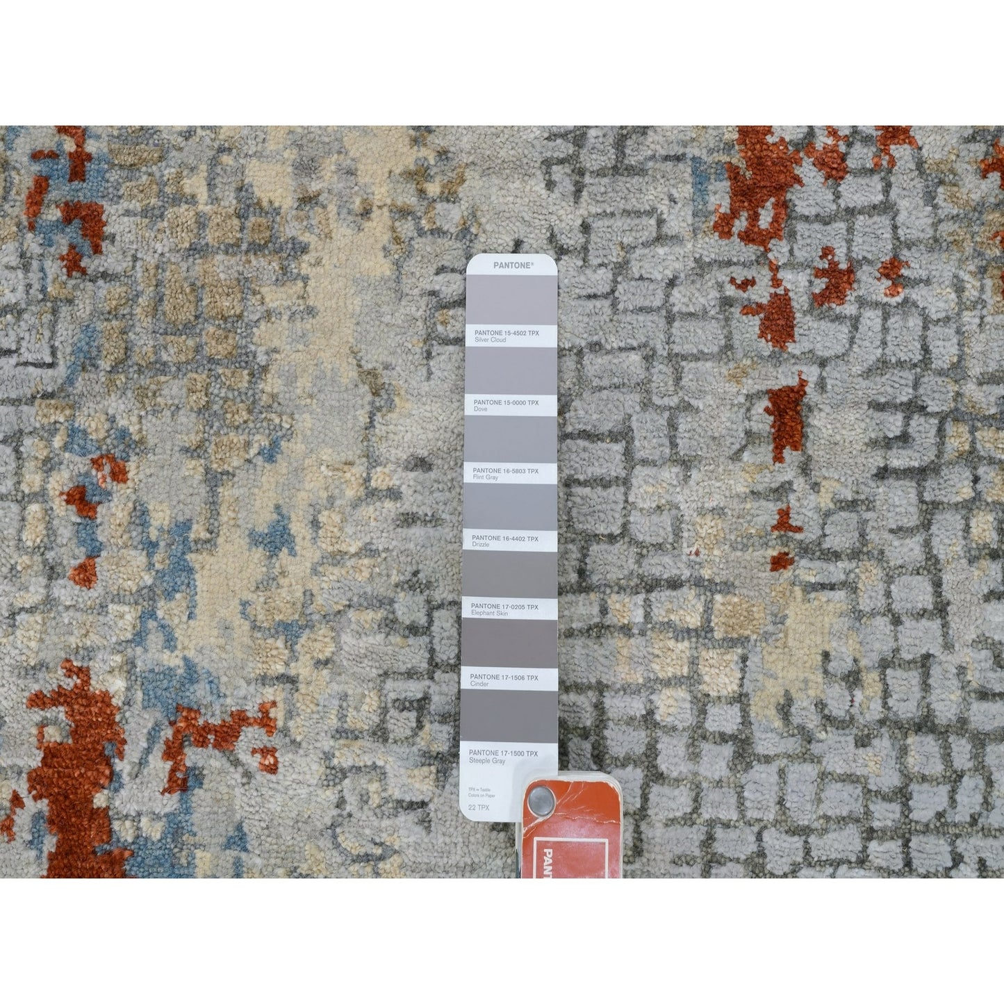 2'6"X5'10" Wool And Silk Abstract Fire Mosaic Design Hand Knotted Rug