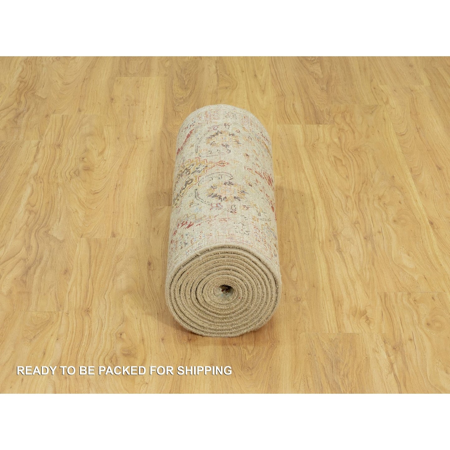 2'9"X15'10" Beige Wool And Silk Sunset Hand Knotted Runner Oriental Rug