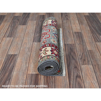 2'2"X6' Misty Gray Kazak Medallions Design Wool Hand Knotted Runner Rug