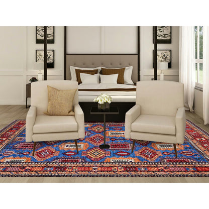 8'2"X9'9" Blue Antique Caucasian Design Revival Hand Knotted Pure Wool Rug