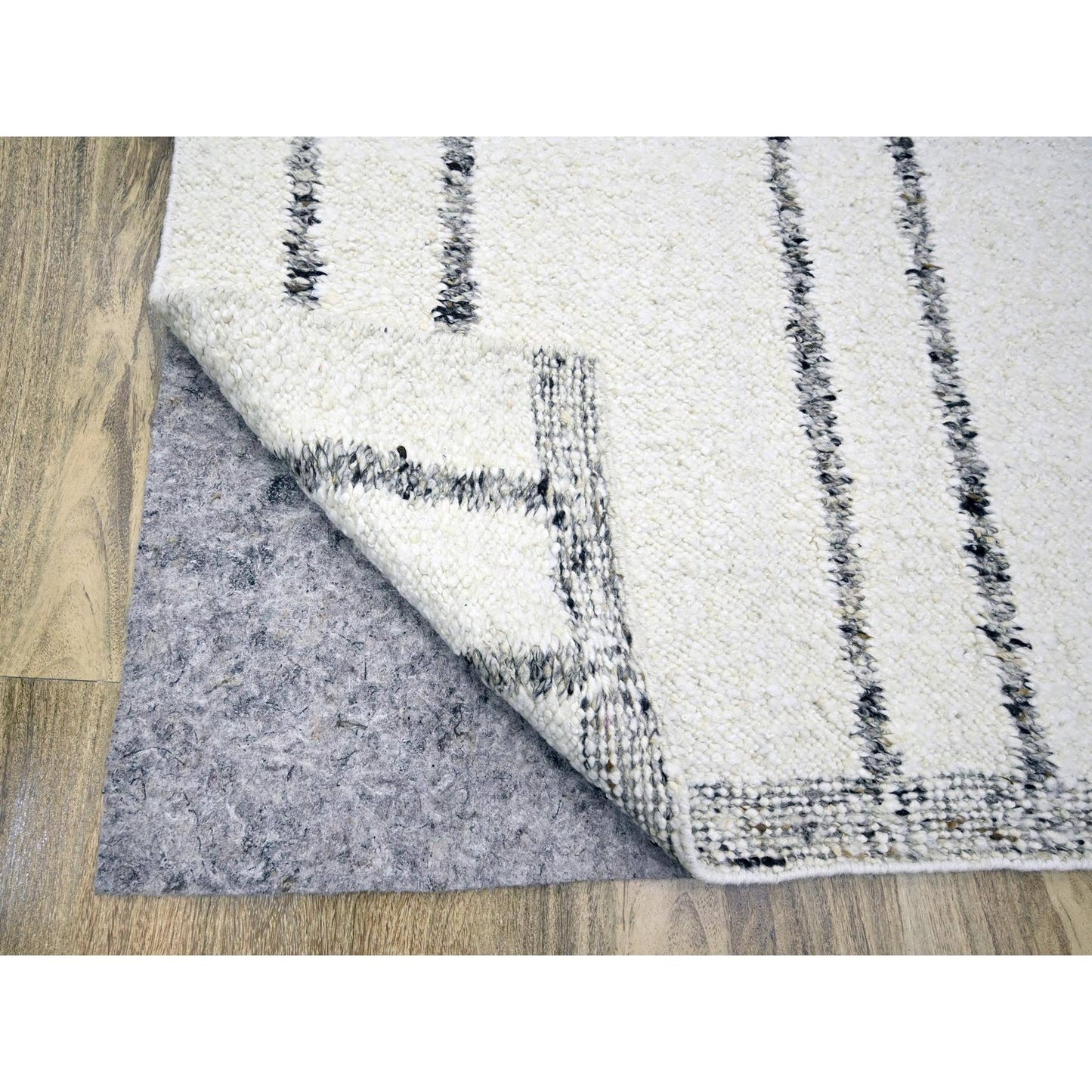 10'X14' White Moroccan Weave Line Design Textured Wool Hand Knotted Rug