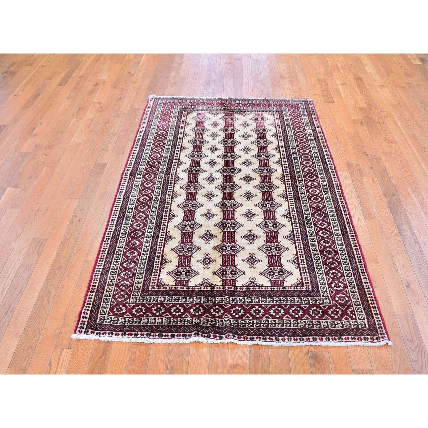 4'6"X7' New Turkoman Bokara Repetitive Design Pure Wool Hand Knotted Rug
