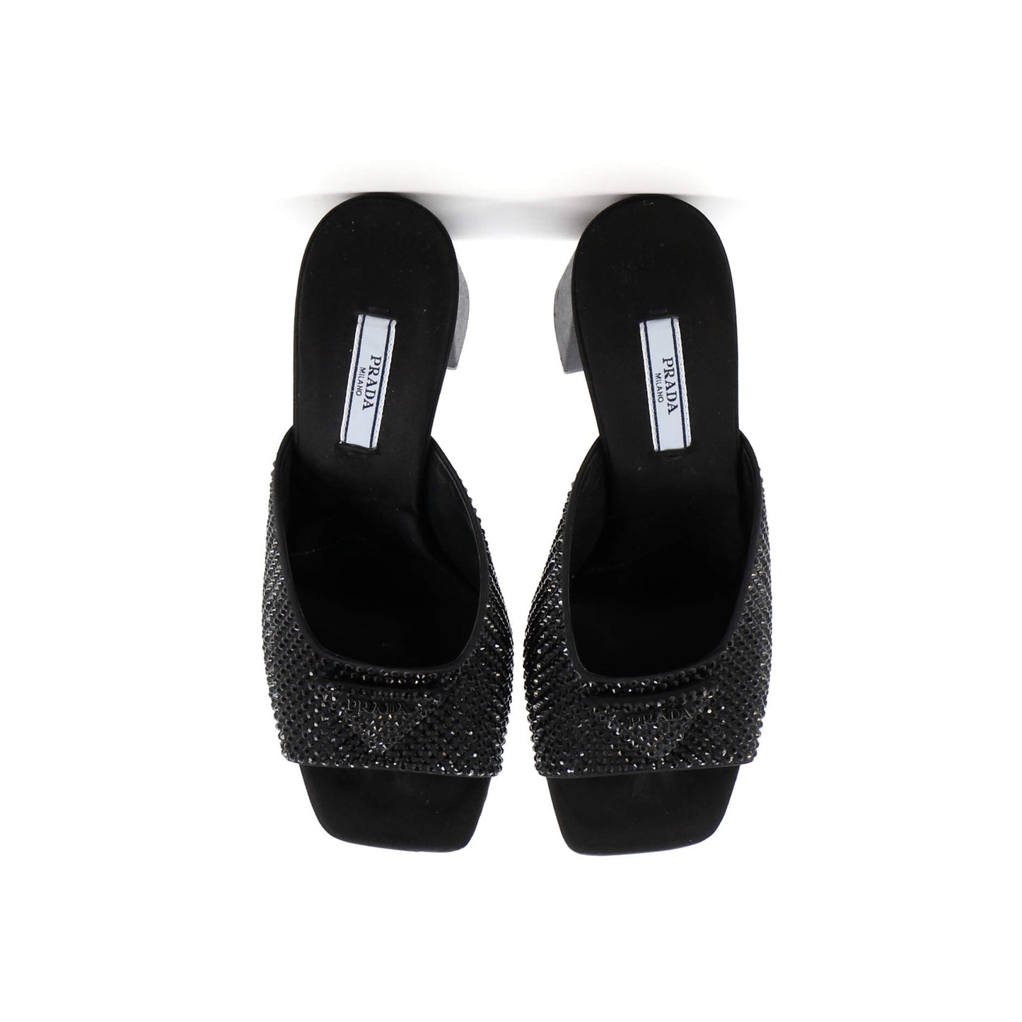 Prada Women'S Triangle Logo Heeled Mule Sandals Crystal Embellished Satin