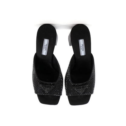 Prada Women'S Triangle Logo Heeled Mule Sandals Crystal Embellished Satin