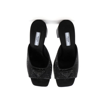 Prada Women'S Triangle Logo Heeled Mule Sandals Crystal Embellished Satin