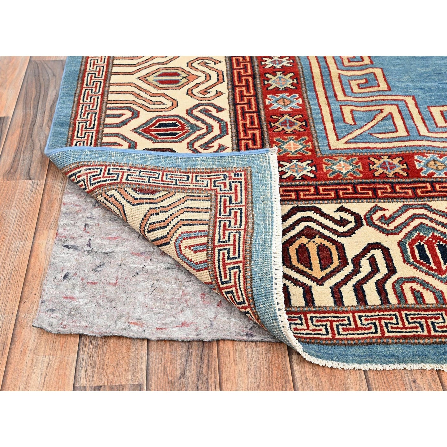 8'X9'9" Fjord Blue Afghan Special Kazak Pure Wool Hand Knotted Oriental Rug