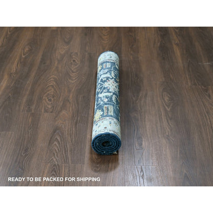 3'2"X4'10" Blue Erased Heris All Over Design Hand Knotted Pure Wool Rug