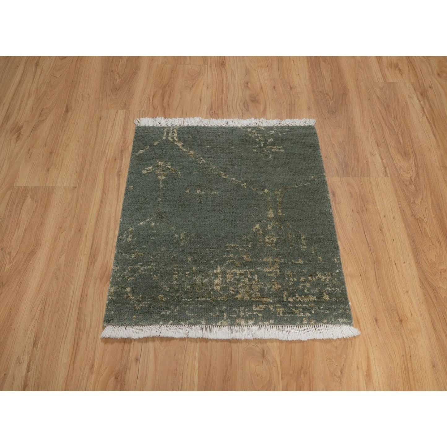 2'x2' Green Modern Design Wool and Silk Hand Knotted Square Mat
