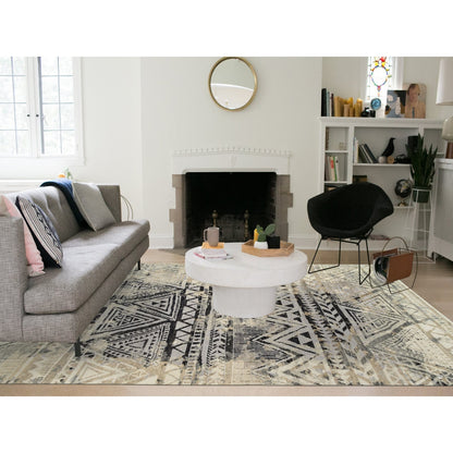 9'1"X12' Gray Erased Ethnic Geometric Design Wool Hand Knotted Rug