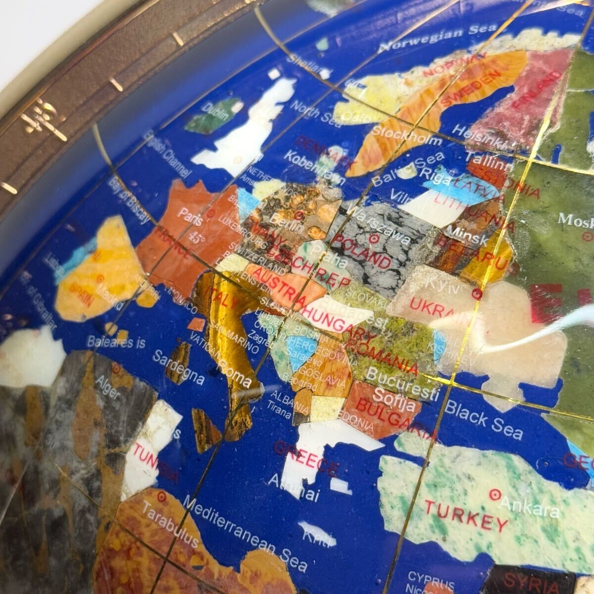 Gemstone Globe Lapis Lazuli Turquoise Inlay Compass Four Legs Power Stone 43Cm