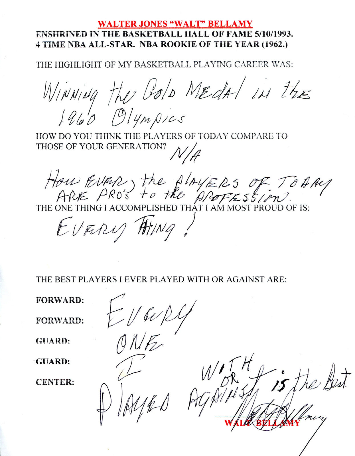 Walt Bellamy Autographed Hand Filled Out Survey Page (Jsa)