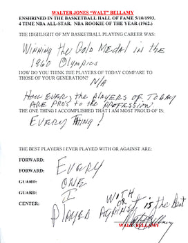 Walt Bellamy Autographed Hand Filled Out Survey Page (Jsa)