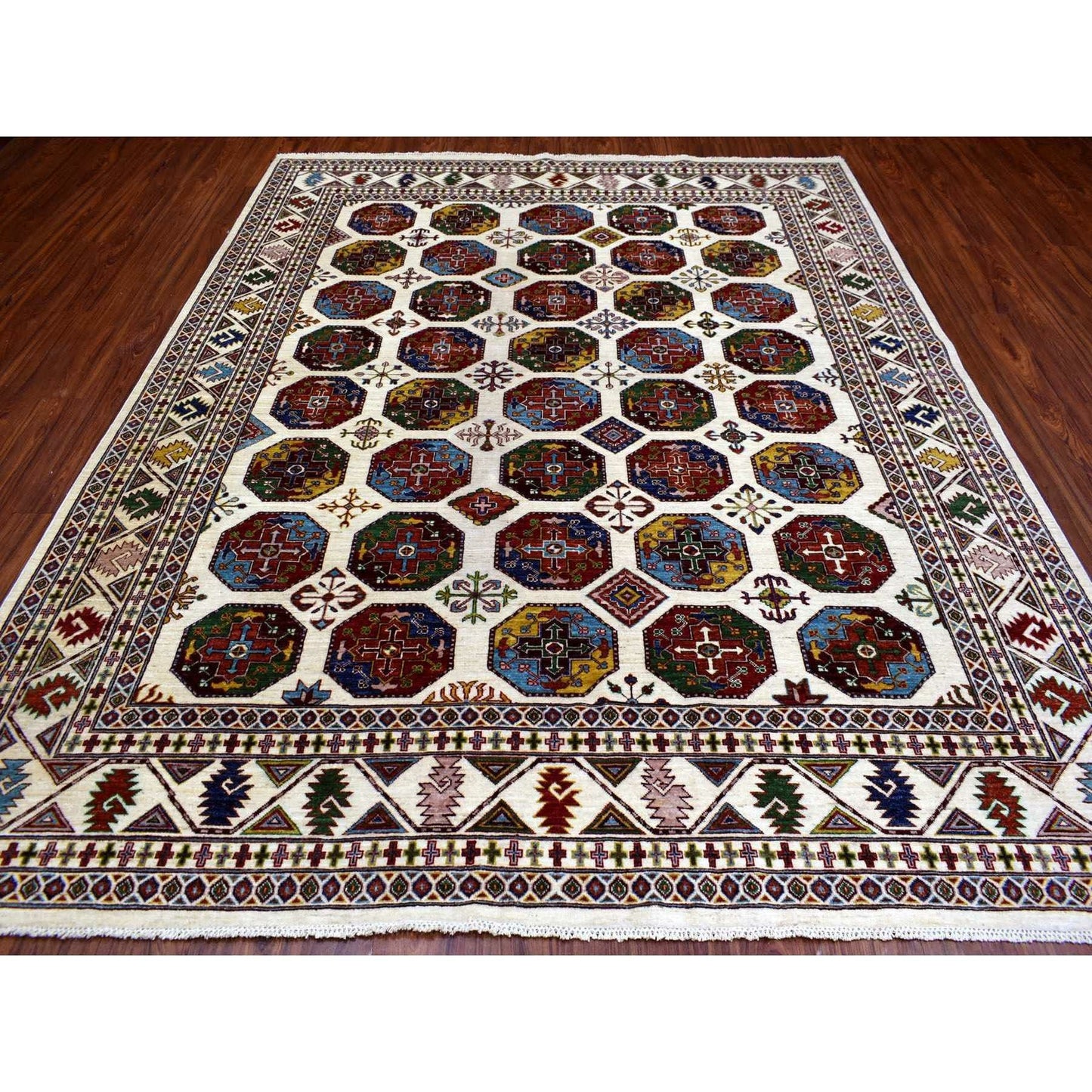 8'2"X10' Organic Wool Hand Knotted Ivory Afghan Super Kazak Oriental Rug