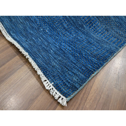 9'X12' Imperial Blue Modern Grass Design Hand Knotted Wool And Silk Rug