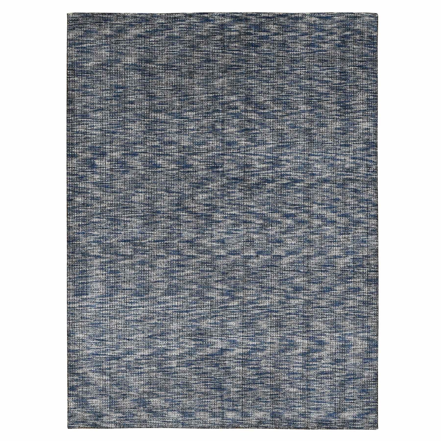 9'2"X12' Steel Blue Modern Fence Design Wool And Art Silk Hand Loomed Rug