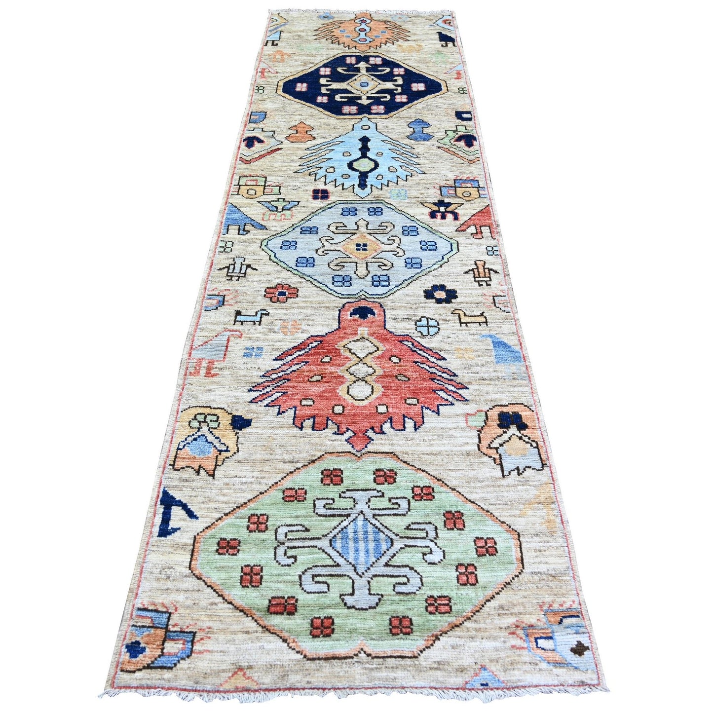 2'10"X9'7" Tan Color Anatolian Village Inspired Wool Hand Knotted Rug