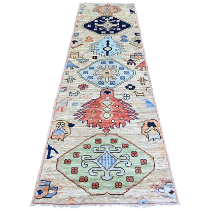 2'10"X9'7" Tan Color Anatolian Village Inspired Wool Hand Knotted Rug