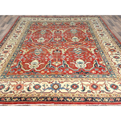 9'X12' Soft Red Pure Wool Hand Knotted Afghan Peshawar Garus Design Rug