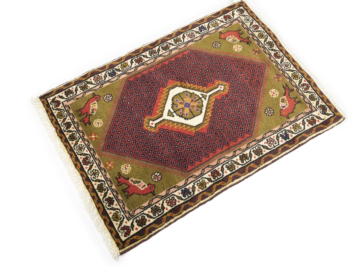 2X3 Ft Hand-Knotted Oriental Rug Animal Floral