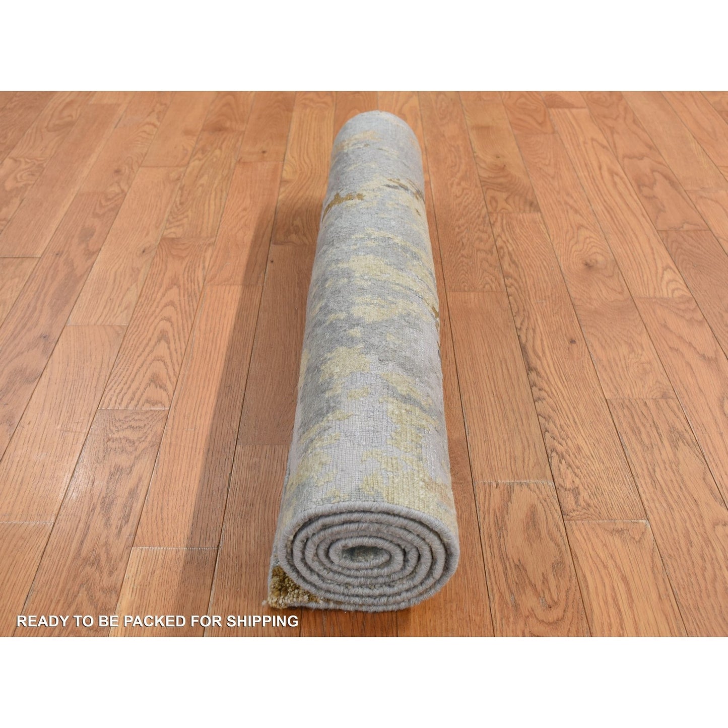 3'X5' Battleship Gray Abstract Design Wool And Silk Hand Knotted Rug