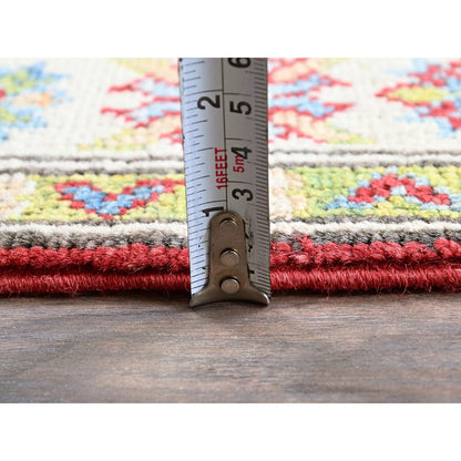 2'X5'10" Red Kazak With Tribal Design Soft Wool Hand Knotted Runner Rug