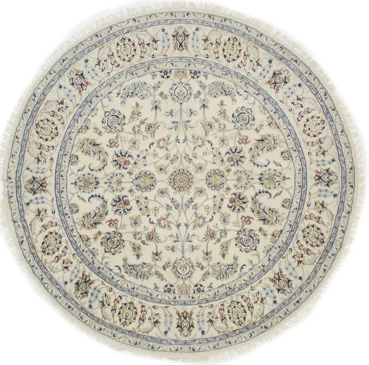 Extra Fine Hand-Knotted Indo-Nain Round Rug 6X6 ft Cream Floral