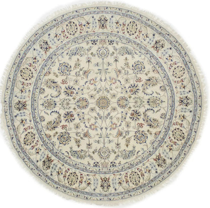 Extra Fine Hand-Knotted Indo-Nain Round Rug 6X6 ft Cream Floral