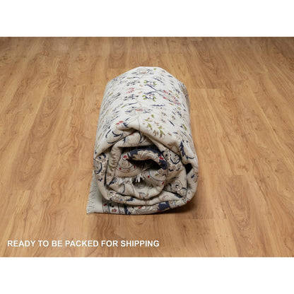 7'10"X10' White Hand Knotted Nain With Flower Design Wool And Silk Rug