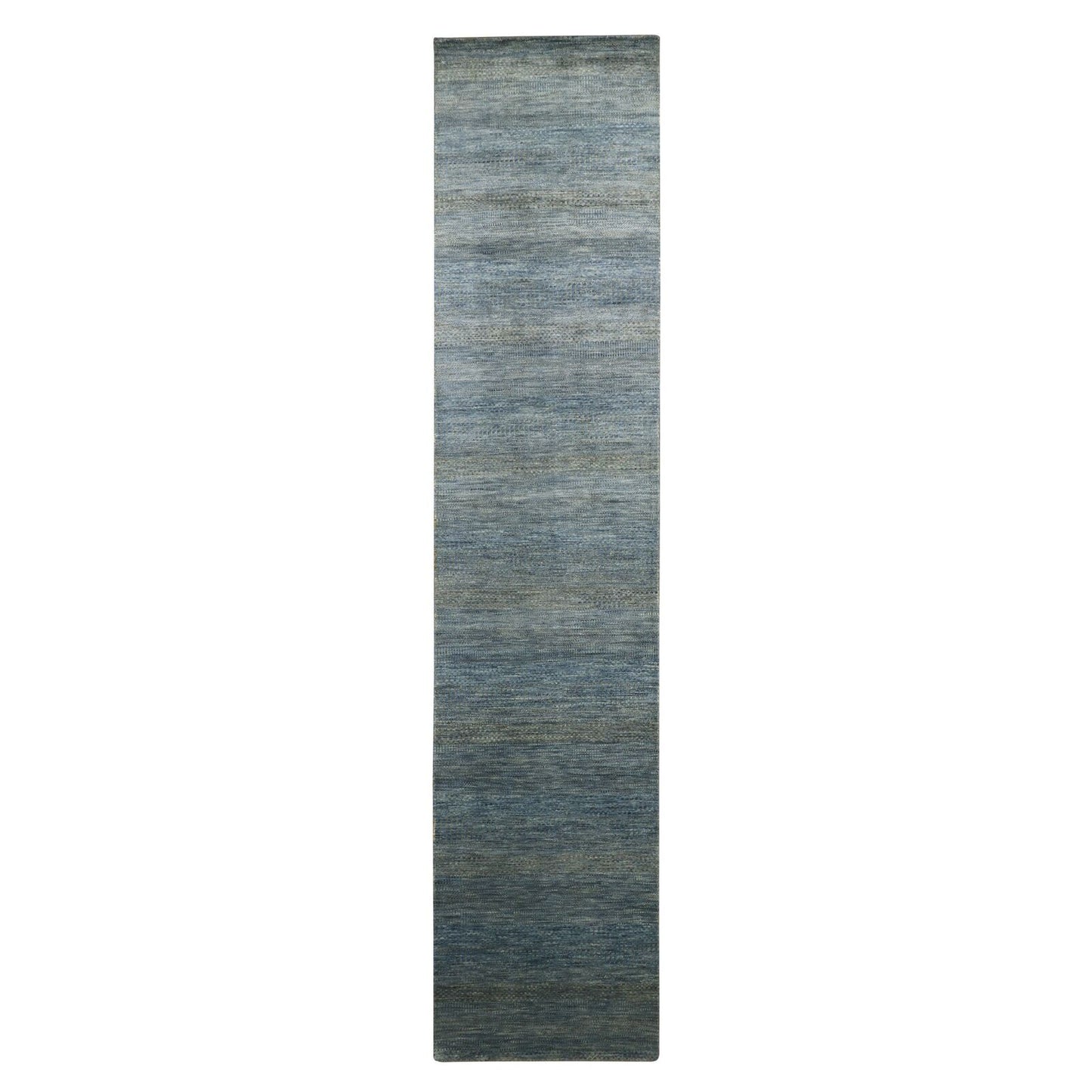 2'7"X12'3" Ensign Blue Wool And Silk Grass Design Hand Knotted Runner Rug