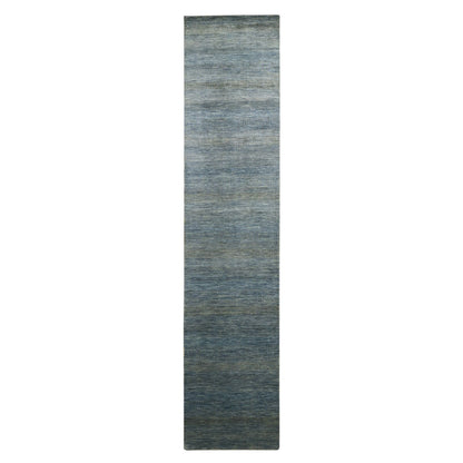 2'7"X12'3" Ensign Blue Wool And Silk Grass Design Hand Knotted Runner Rug