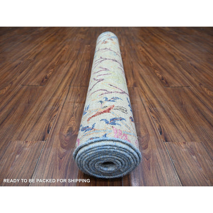 4'1"X12' Gray Organic Wool Hand Knotted Afghan Peshawar Wide Runner Rug