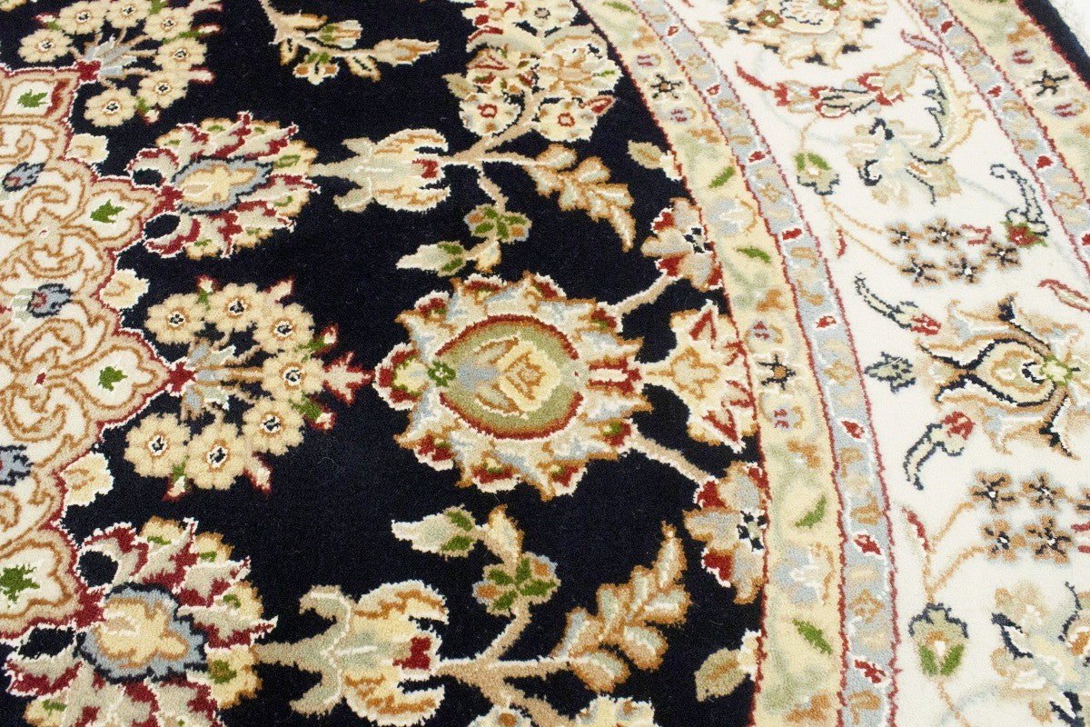 Handmade Indo-Nain Dark Navy Floral Medallion Oriental Round Rug Carpet 6X6 ft