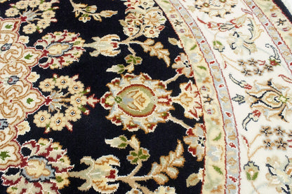 Handmade Indo-Nain Dark Navy Floral Medallion Oriental Round Rug Carpet 6X6 ft