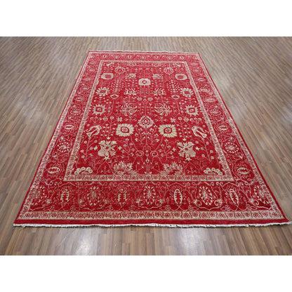 7'9"X10' Red Zoroastrian Influence Design Wool & Silk Hand Knotted Rug