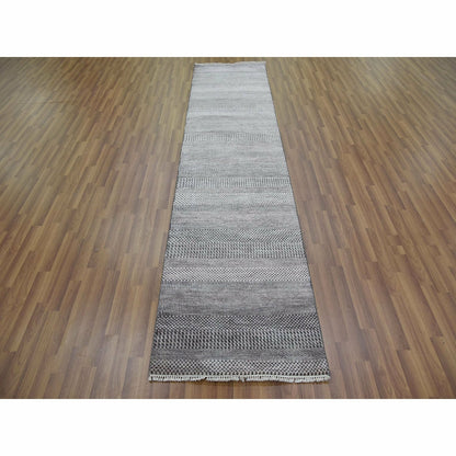 2'8"X10'2" Gray Wool And Silk Hand Knotted Modern Grass Design Runner Rug