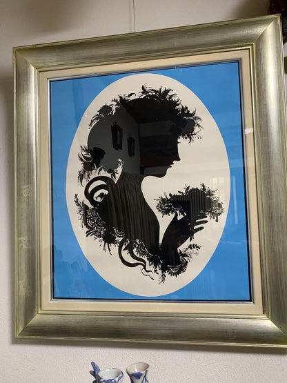 Bjorn Wiinblad Vintage Silhouette Girl Blue Silk Screen Poster Silver Frame Blue