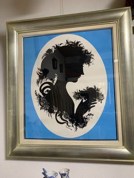 Bjorn Wiinblad Vintage Silhouette Girl Blue Silk Screen Poster Silver Frame Blue