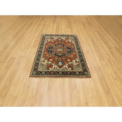 4'1"X6' Hand Knotted Red Antiqued Heris Re-Creation Geometric Design Rug