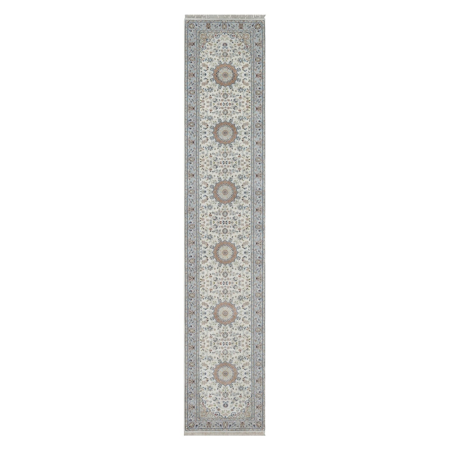 2'10"X14'6" Ivory Nain Flower Design Wool & Silk Hand Knotted Runner Rug