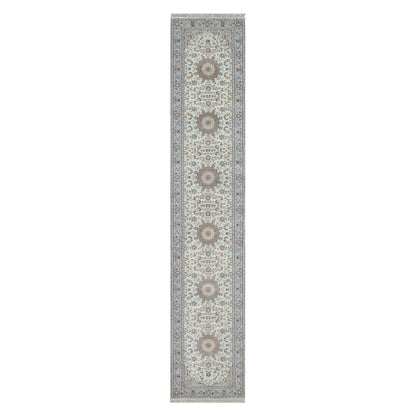 2'10"X14'6" Ivory Nain Flower Design Wool & Silk Hand Knotted Runner Rug