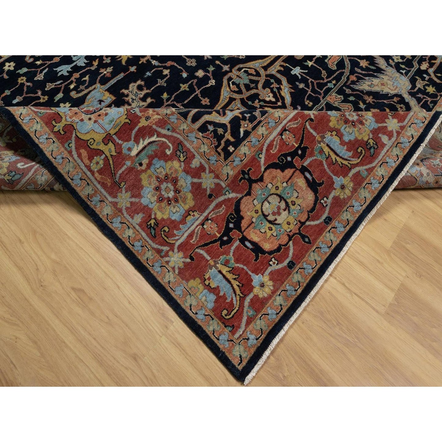 9'X12'1" Caviar Blue Antiqued Heris New Zealand Wool Hand Knotted Rug
