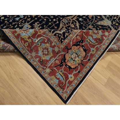 9'X12'1" Caviar Blue Antiqued Heris New Zealand Wool Hand Knotted Rug