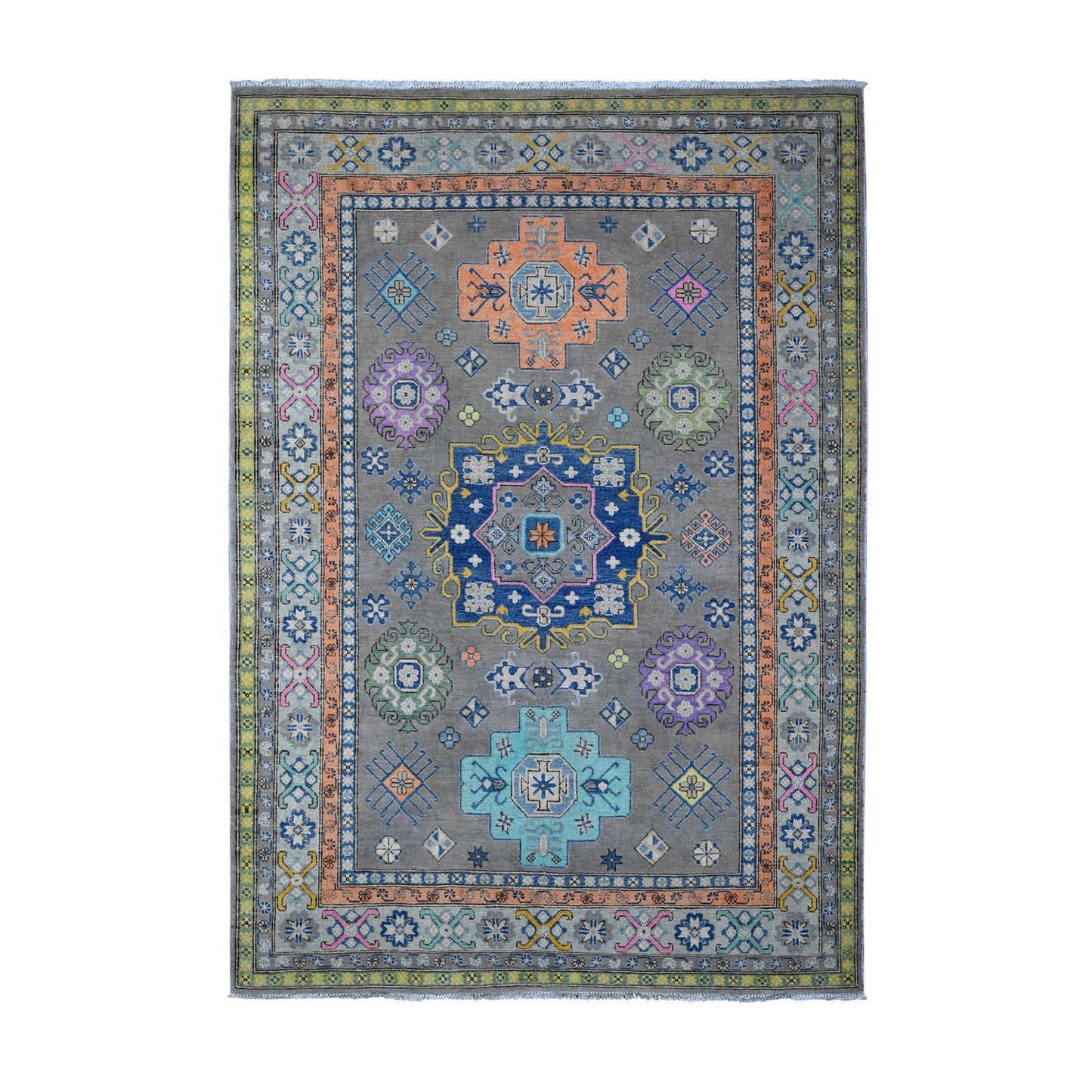 6'X8'5" Battleship Gray Soft Wool Colorful Fusion Kazak Oriental Rug