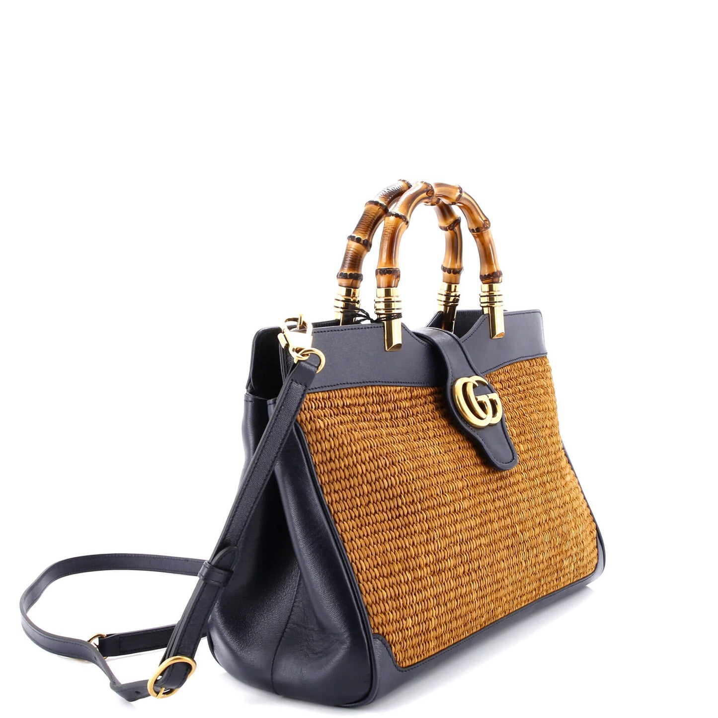 Gucci Dahlia Bamboo Top Handle Tote Straw And Leather Medium