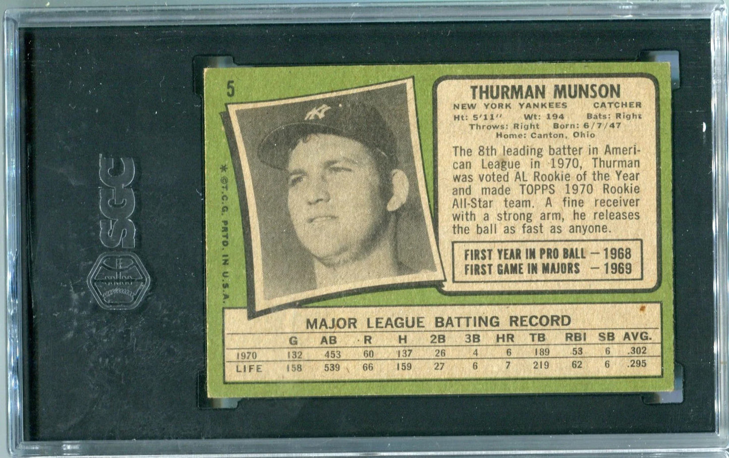 Thurman Munson 1971 Topps #5 (Sgc) Ex 5.5 Card