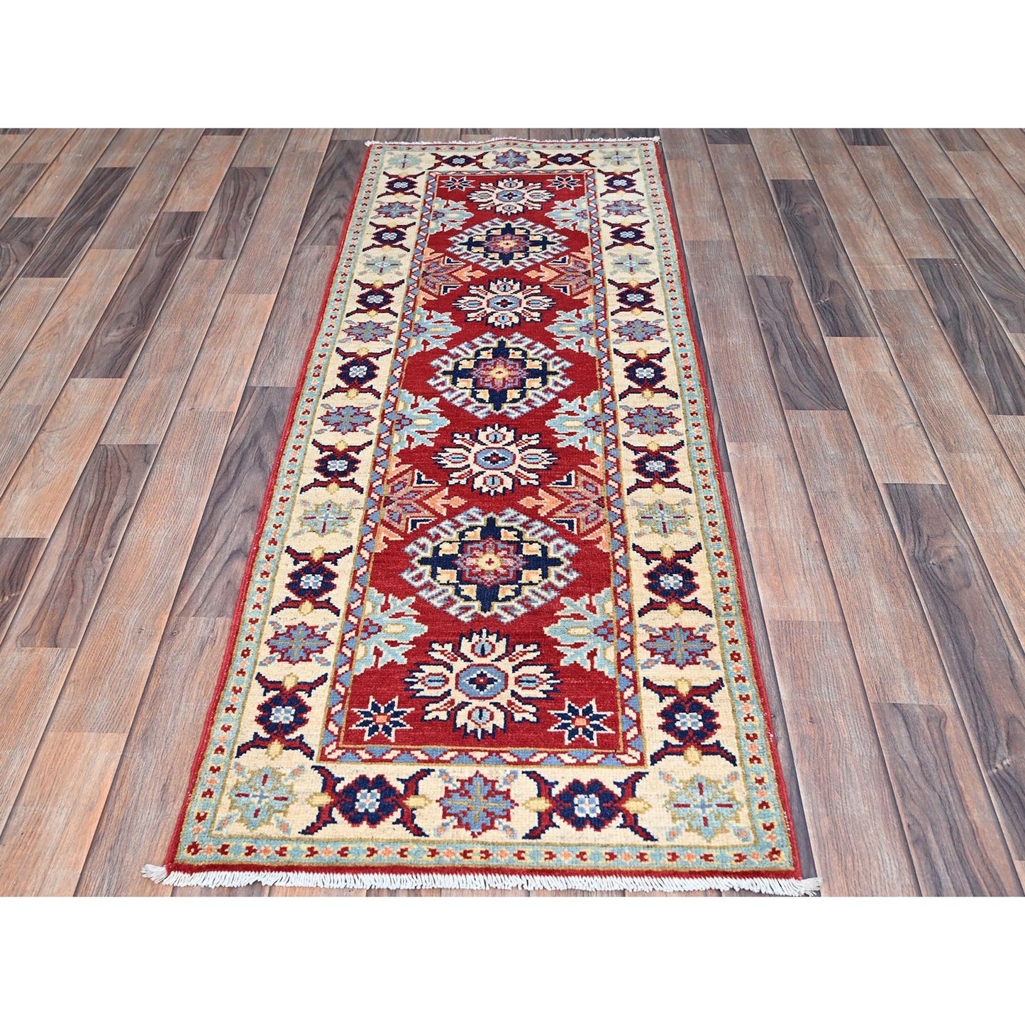 2'1"X6' Scarlet Red Kazak Design Wool Oriental Hand Knotted Runner Rug